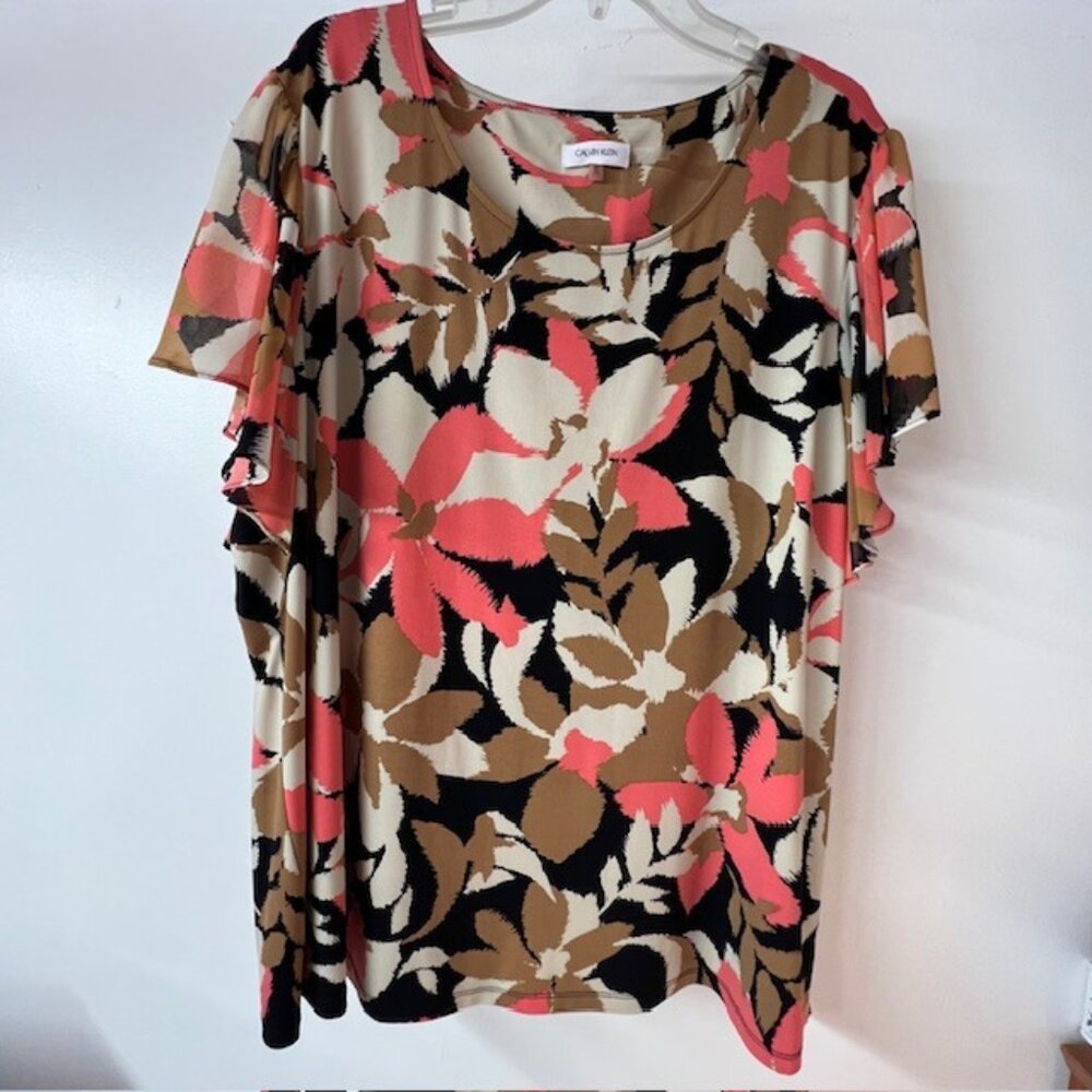 Calvin Klein Womens Blouse with Short Flutter Sleeveless, Size 3X